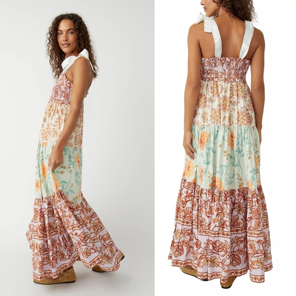 Free People Bluebell Maxi Dress Women's XL Floral Tiered Smocked Tie Warm Combo - Picture 1 of 5